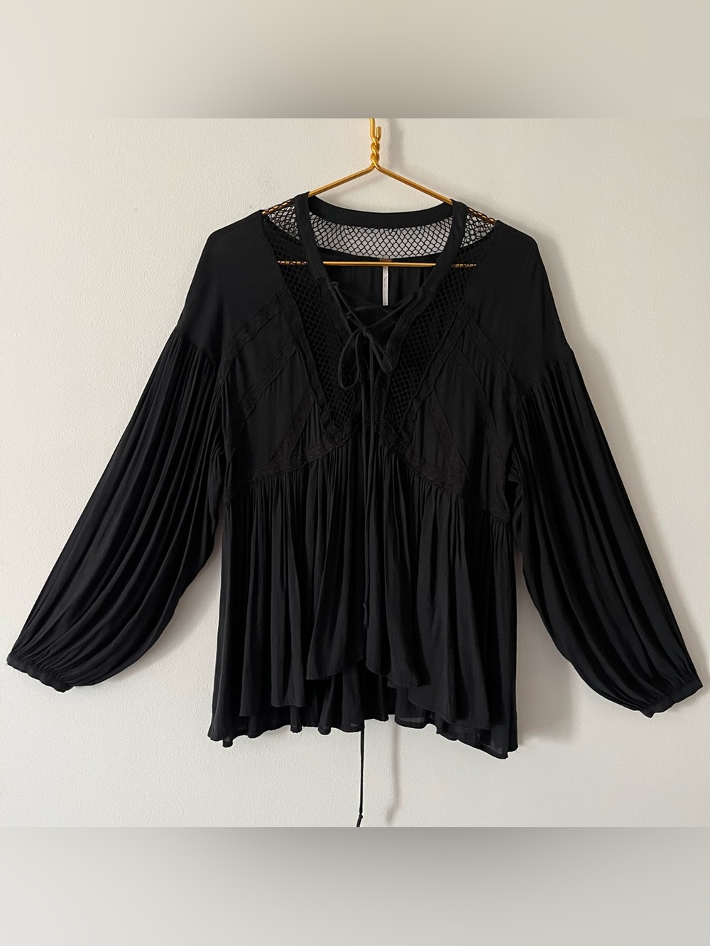 Free People Lace Up Mesh Pleated Peasant Blouse Dark Romantic Oversized Black  M